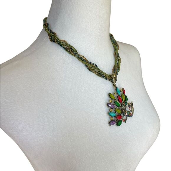 Peacock Faux Crystal Beaded Necklace Statement Fashion Jewelry NWT - Picture 2 of 8